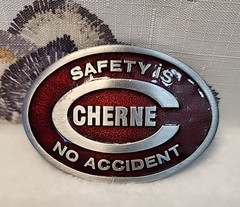 Vintage Cherne Safety Is No Accident Belt Buckle R&M USA Red Enamel