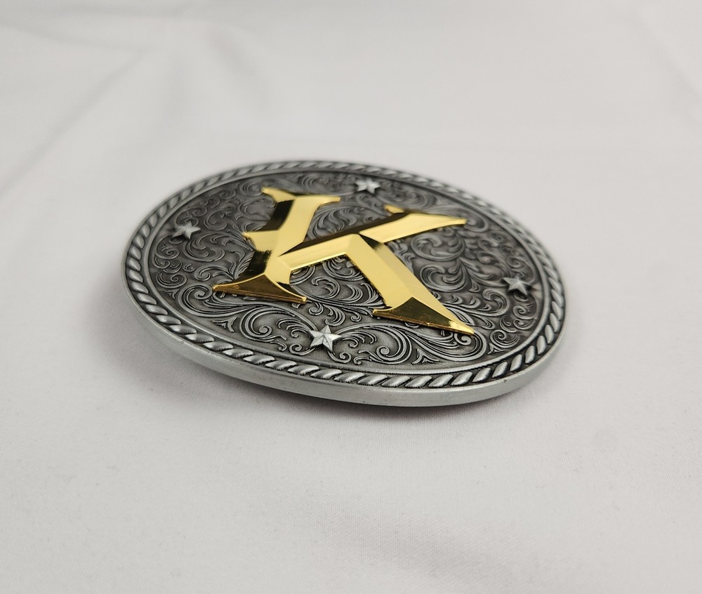 Western Belt Buckle Initial Letter K Two Tone Pewter And Gold Oval