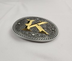 Western Belt Buckle Initial Letter K Two Tone Pewter And Gold Oval