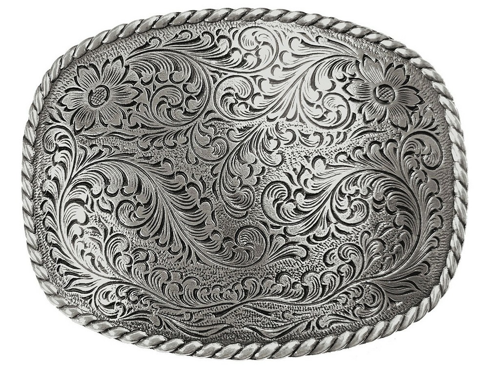 Western Antique Floral Engraved Rope Edge Design Belt Buckle 9×6.5cm Silver USA