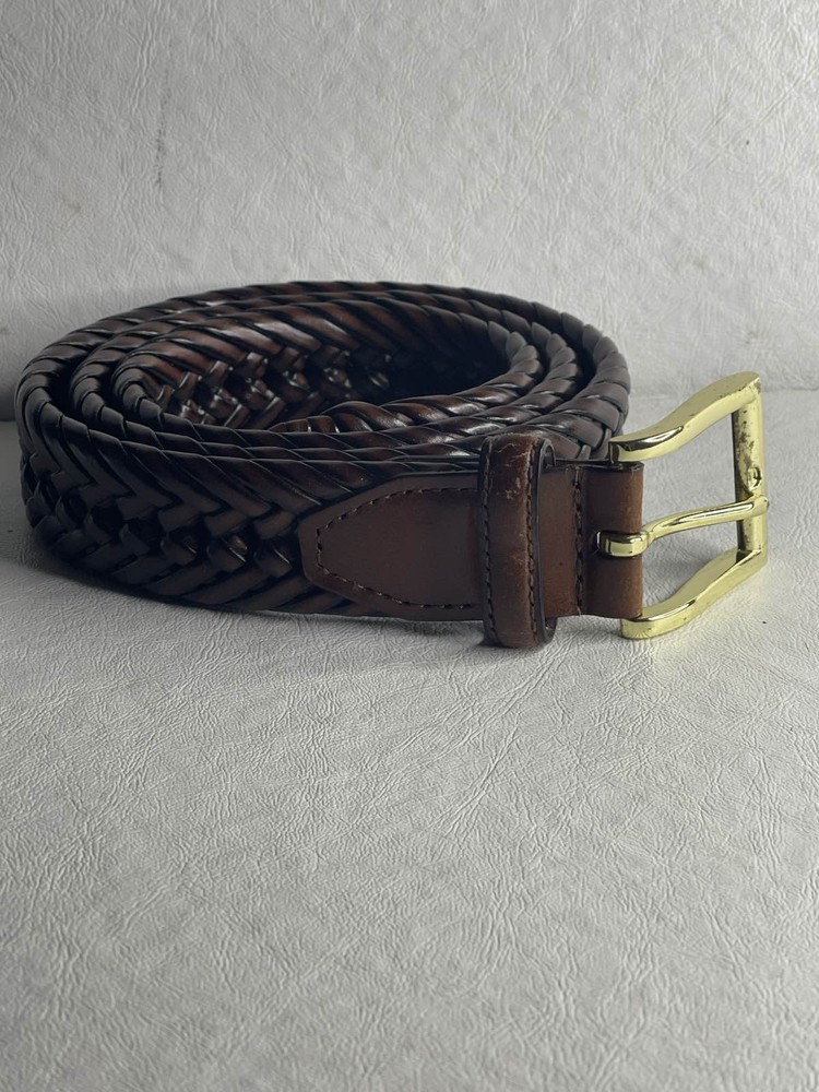 Brown Braided Bonded Leather Belt 36/90 Gold Tone Buckle Men Woven