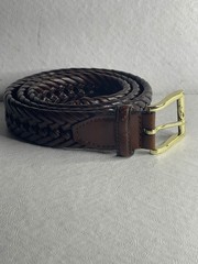 Brown Braided Bonded Leather Belt 36/90 Gold Tone Buckle Men Woven