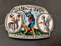 Hunting An American Tradition Vintage Belt Buckle Deer Duck Dog Colorful USA
