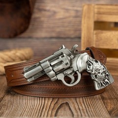 Large Replica Handgun Belt Buckle with Embossed Belt, Revolver/Pistol