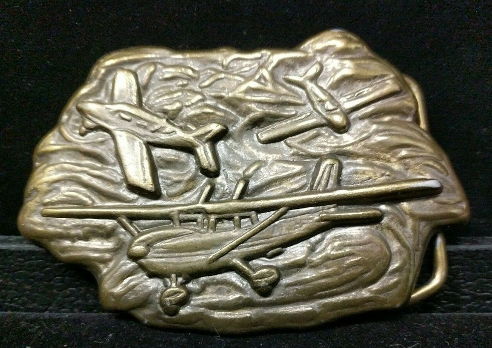 Great/Fun/Fashionable Belt Buckle Brass Tone Heavy Detail Flying Plains Aviation