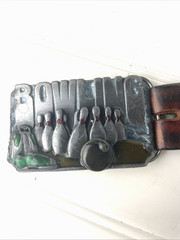 Silver Bowling Belt Buckle Vintage Buckle 1985 Leather Belt Fits 46&Prime; Length