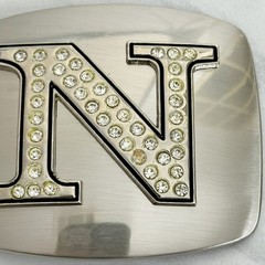 Rhinestone Studded N Letter Initial Monogram Silver Tone Belt Buckle