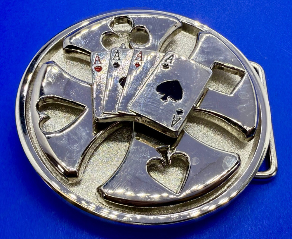 Four Aces Poker Cards Gambling Casino Silver Color Large Spinner Belt Buckle