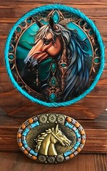 Men -women Belt Buckle Brass horse head with turquoise and rust inlaid stone