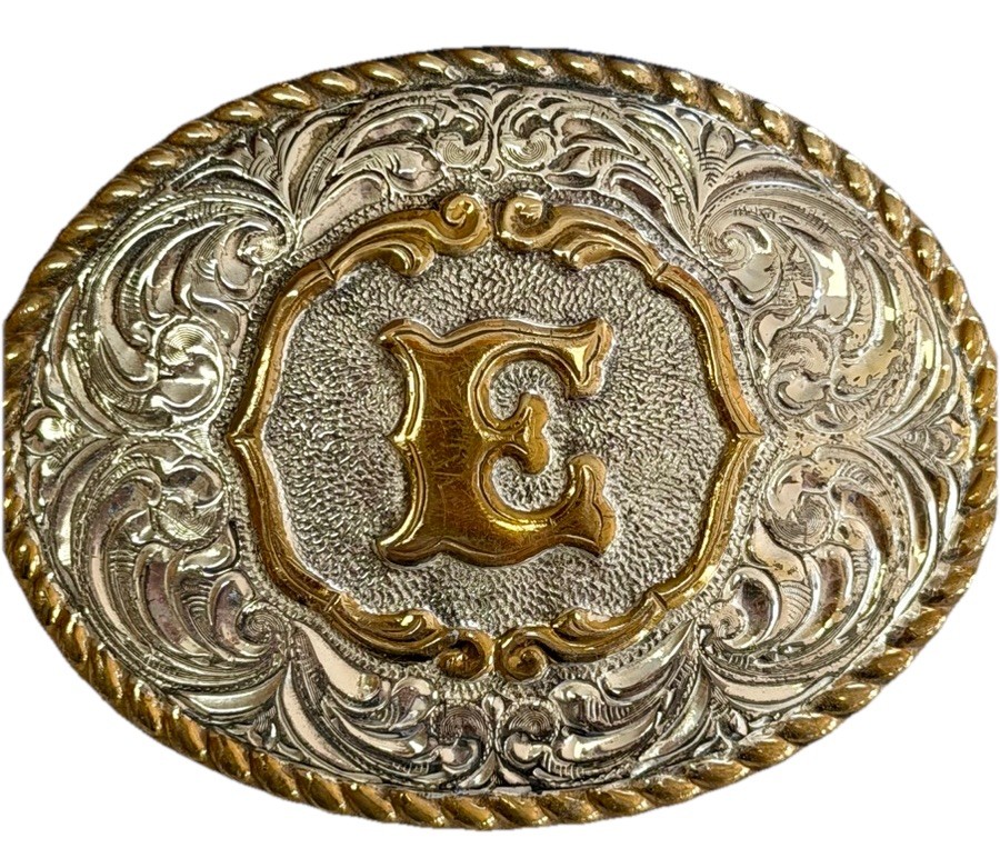 Vtg Crumrine Silver Plate Jewelers Bronze “E” Floral Western Belt Buckle SEE