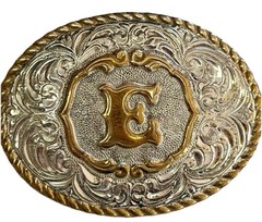 Vtg Crumrine Silver Plate Jewelers Bronze “E” Floral Western Belt Buckle SEE
