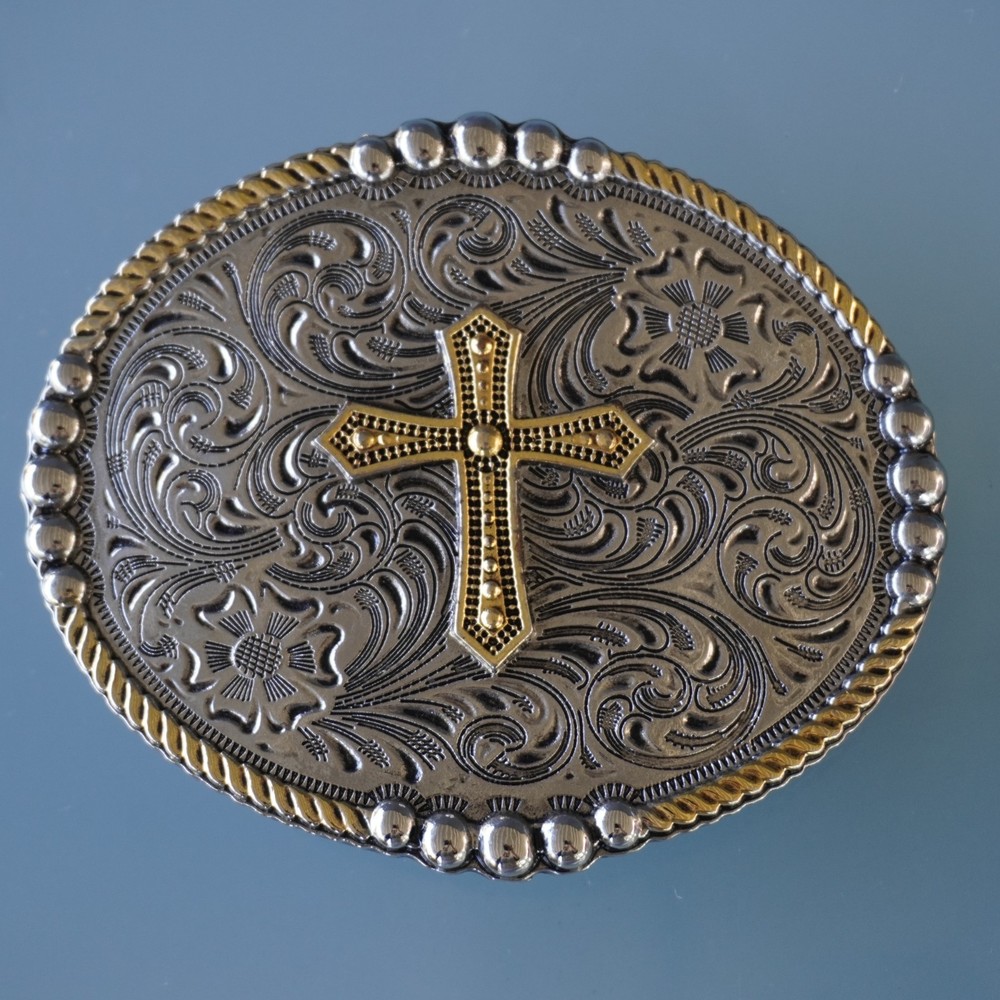Two Tone Cross Belt Buckle Oval Silver Gold Floral Filigree Western