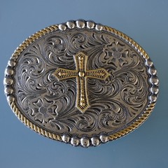 Two Tone Cross Belt Buckle Oval Silver Gold Floral Filigree Western
