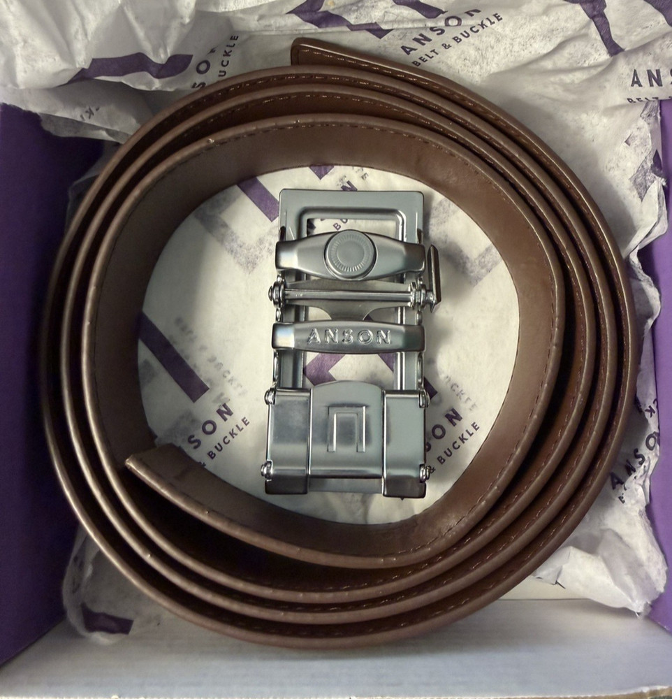 NIB Anson Belt Strap Buckle Holeless Ratcheting 55&Prime; Brown Buffalo Tanned Leather