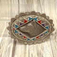Vtg Great American Products Belt Buckle Pewter Wolf Enamel Oval Western 90s GAP