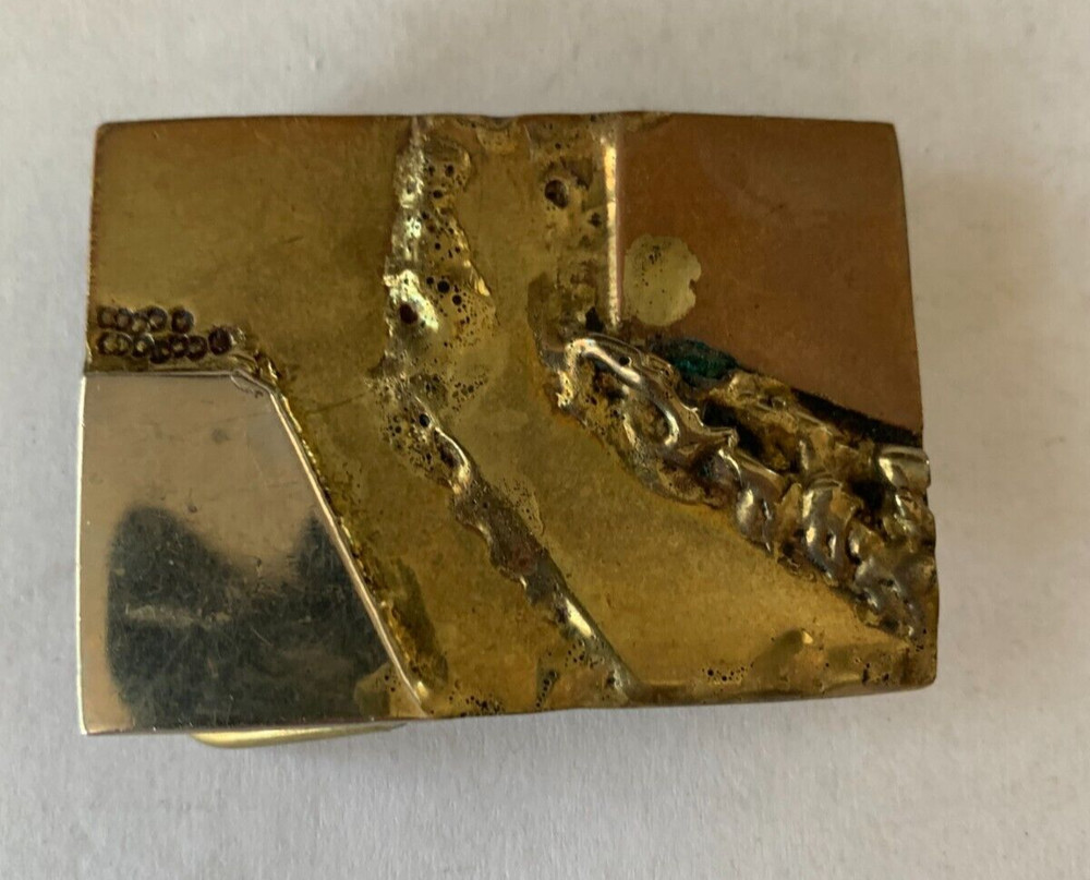 1980&rsquo;s Artist Signed DMB Brass Copper, Silver Brutalist Studio Art BELT BUCKLE X