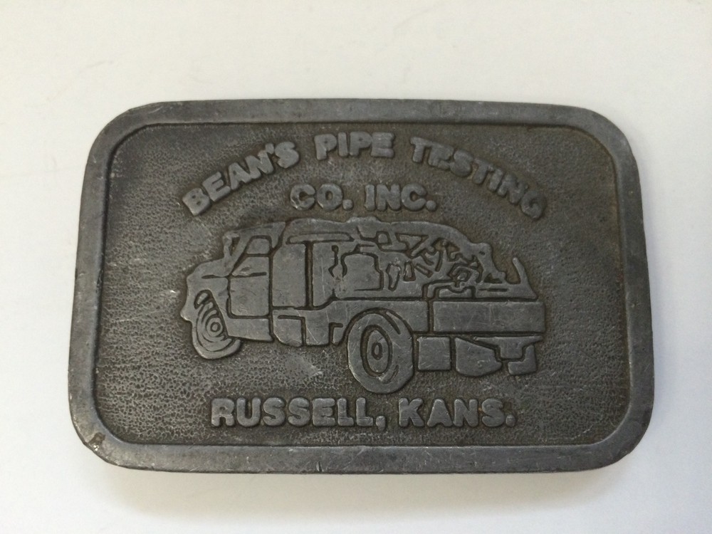Vintage Belt Buckle Beans Pipe Testing Gas Oil Advertising Russell Kansas USA