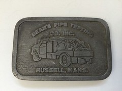 Vintage Belt Buckle Beans Pipe Testing Gas Oil Advertising Russell Kansas USA
