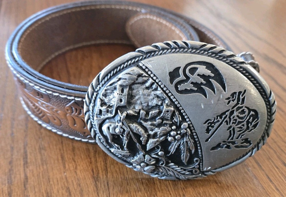 SSI Metal Handcrafted Belt Buckle Horses And Indian USA W/Leather 34&Prime; Belt