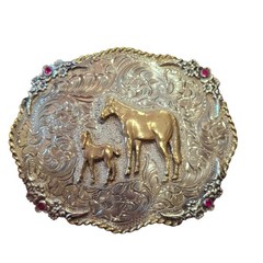 Vintage Silverado Sterling Silver Red Stones Brass Belt Buckle 121g Horse Foal
