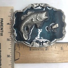 Fishing Bass Fish Lure Belt Buckle Mens Blue Enamel Western Rectangular Metal