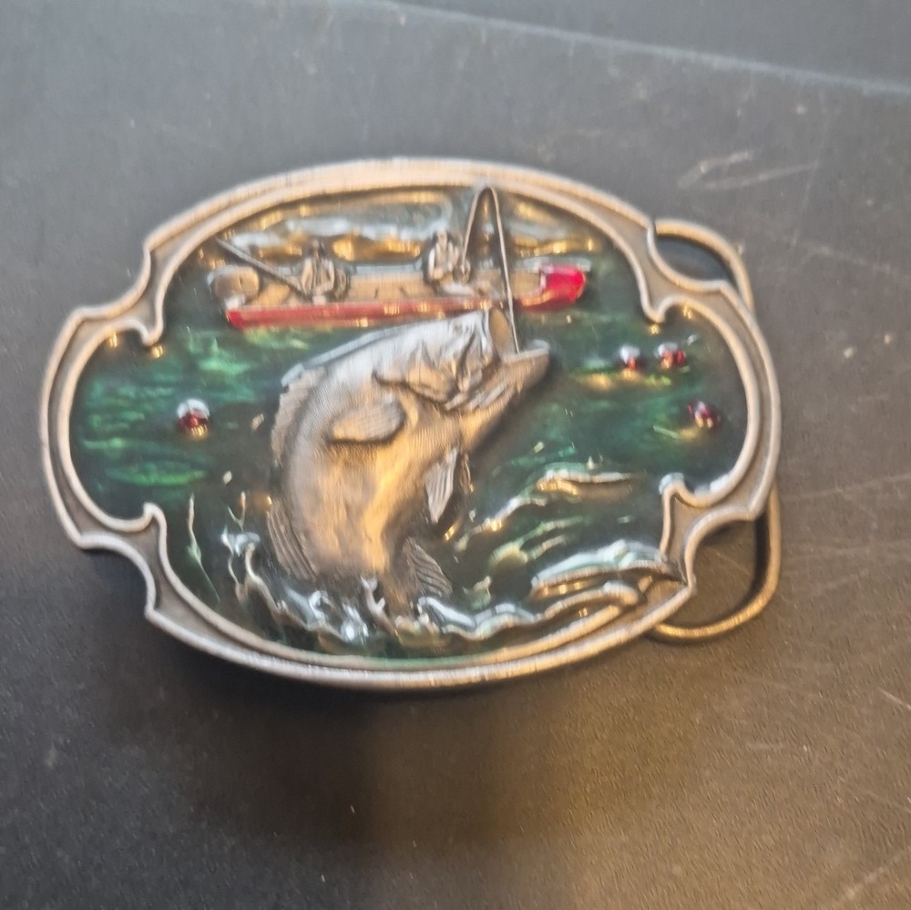 Men&rsquo;s Oval Western Fish Bass Scene Belt Buckle Metal Silver Green 1.5in