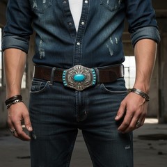 Men Silver Metal Belt Buckle Ethnic Western Vintage Fashion Turquoise Blue Beads
