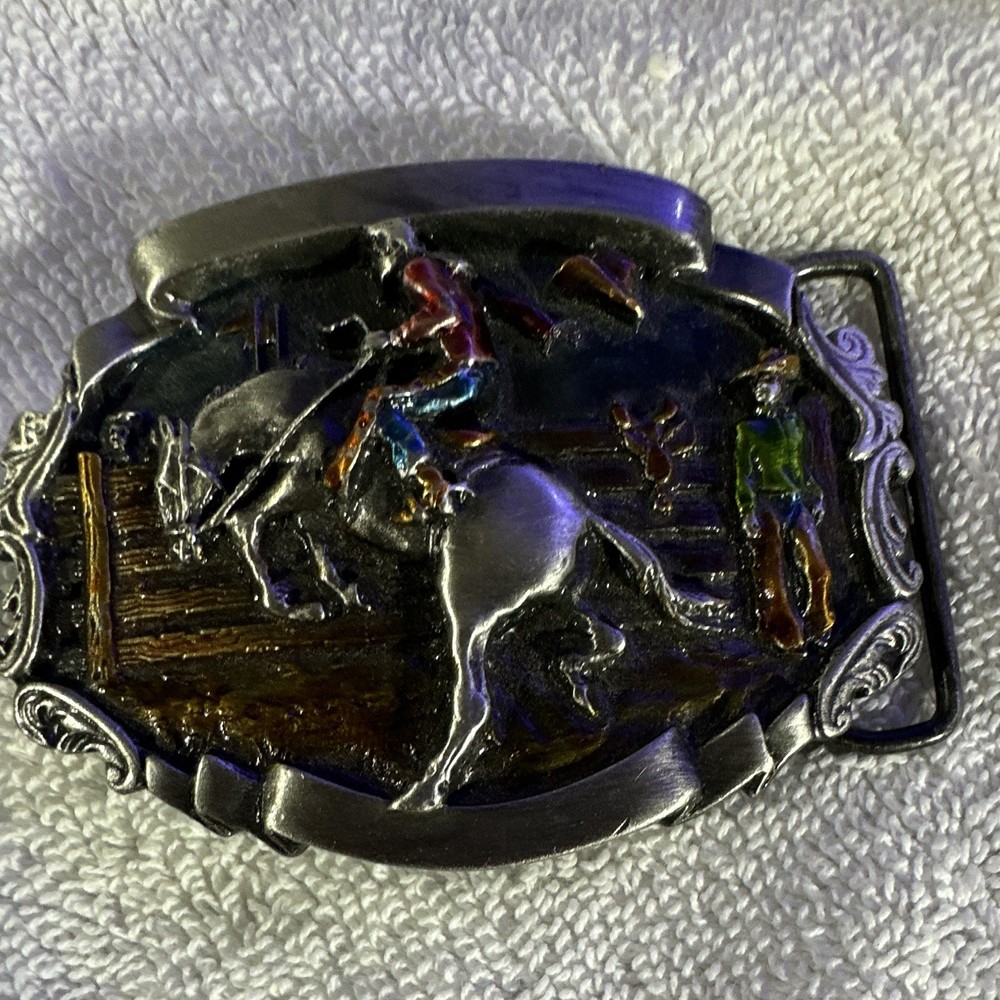 Vintage Western Rodeo Bronco Rider Belt Buckle Enamel Pewter Tone Cowboy Style
