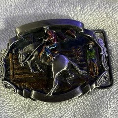 Vintage Western Rodeo Bronco Rider Belt Buckle Enamel Pewter Tone Cowboy Style