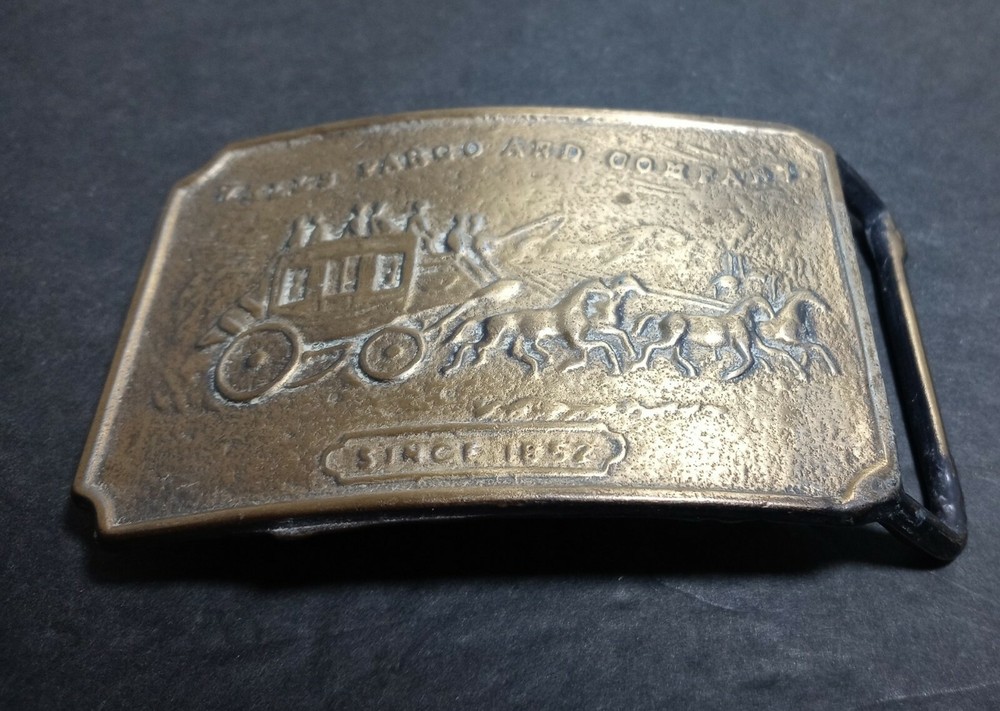 Vintage Brass Western Style Wells Fargo Metal Belt Buckle Stagecoach Horses