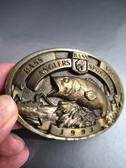 1993 Bass Anglers Sportsman Society Fishing Fisherman Round Brass Belt Buckle 3&Prime;