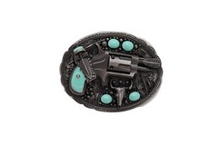 Men Western Oval Buckle Silver Metal Revolver Pistol Gun Feather Bull Turquoise