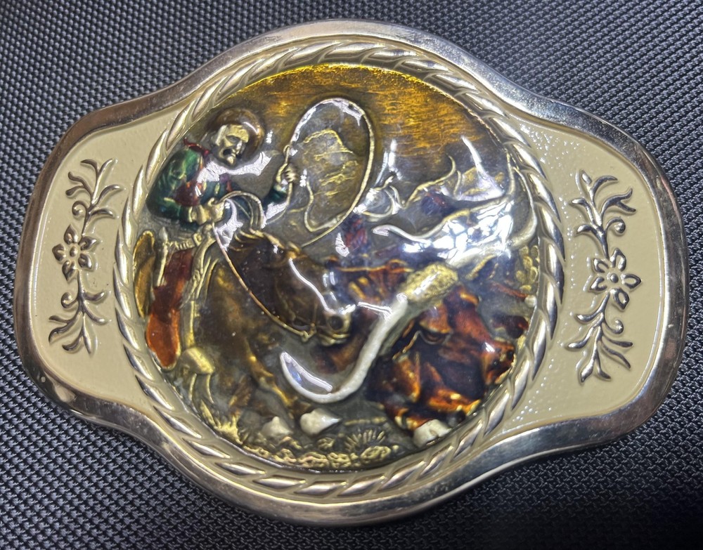 MBCI Belt Buckle Mens Gold Tone Western Cowboy Rodeo Roping Longhorn Enamel