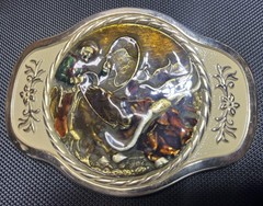 MBCI Belt Buckle Mens Gold Tone Western Cowboy Rodeo Roping Longhorn Enamel