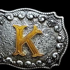 Vintage WMG Western Belt Buckle Initial K Cowboy Rodeo Floral Scroll Rope Edge