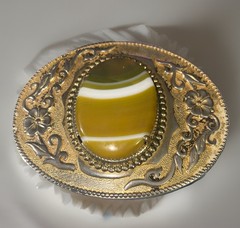 Vtg Western Gold Tone Belt Buckle Oval Cabochon Ornate Floral Cowboy Statement