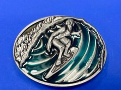 Surfer On Ocean Wave Pipeline Surfing Hang 10 – Blue Green Color Belt Buckle