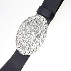 Floral tendrils Oktoberfest costume belt buckle, oval design, antique silver