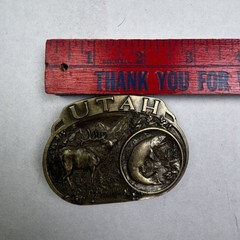 Vintage 80&rsquo;s 1985 UTAH Deer Elk Trout C+J Oval Belt Buckle Pewter Made in USA