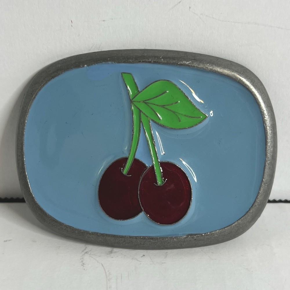 Kaymen B. Cherries Fruit Graphic Enamel Metal Belt Buckle Made in USA