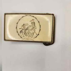 1980 Western Native American Scene Etched Bone Belt Buckle BTS Brass Artist Vtg