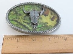 New Skull Bull Steer Cow Belt Buckle Green Camo Background in Package