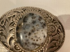 Oval Agate Floral Belt Buckle Silver Tone With Black Enamel 2&Prime; x 3&Prime;