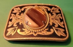 Vintage Belt Buckle Western Style Gold Ornate with Large Brown Oval Stone