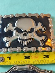 Silver Tone Black Enamel Leather Goth Gothic Belt Buckle Set Cross Skull