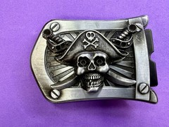 Pirate Skull Crossbones with Crossed Swords 3D Raised Silver Tone Belt Buckle