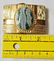 VTG Western Belt Buckle Gold Tone w/ Polished Banded Agate Stone 1.5&Prime; Belt