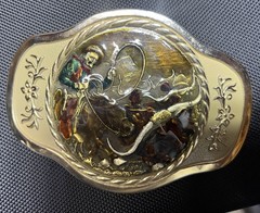 MBCI Belt Buckle Mens Gold Tone Western Cowboy Rodeo Roping Longhorn Enamel