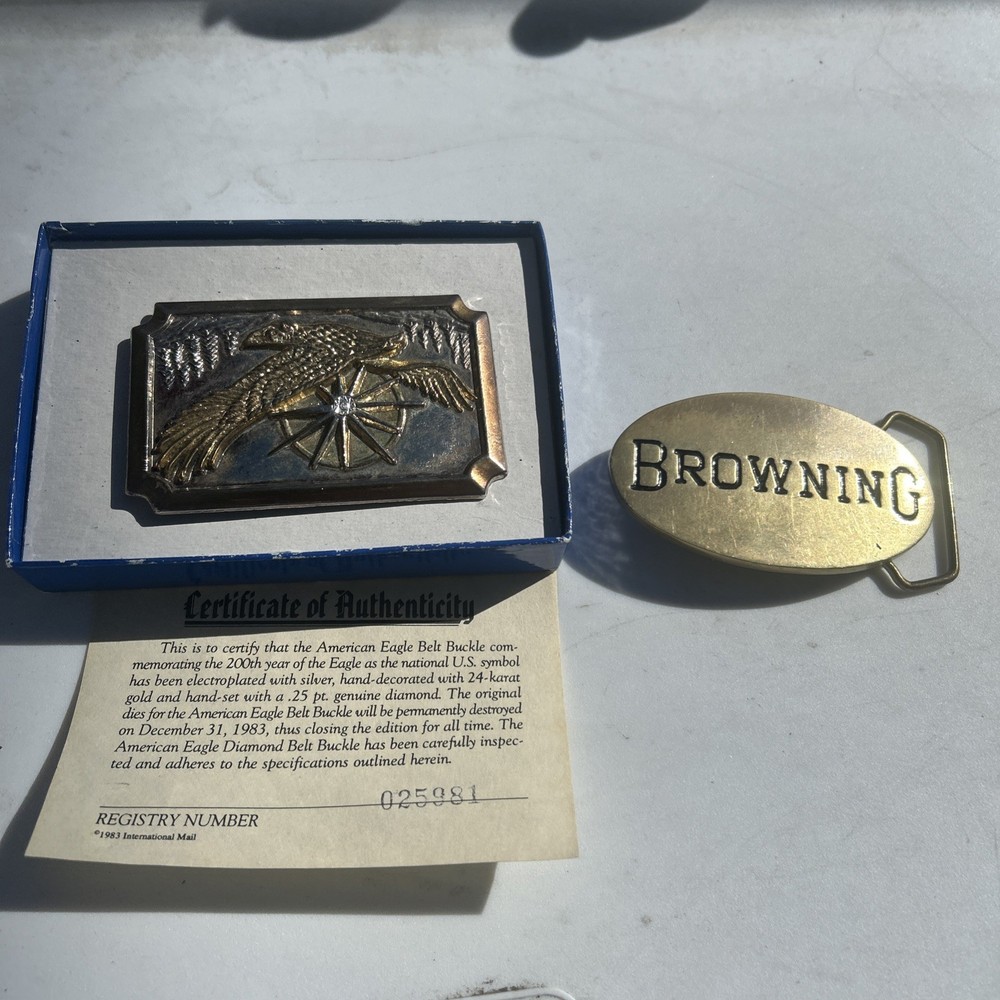 2 Lot Browning Brass Buckle Solid Brass Vintage Taiwan 4773 & UsEagle Bb Coa