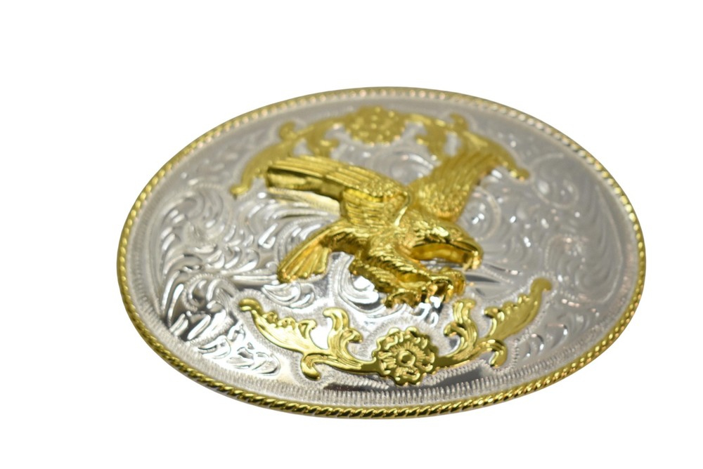 Belt Buckle Mens Silver Western Eagle Floral Scroll Oval Metal 6 Inch Cowboy